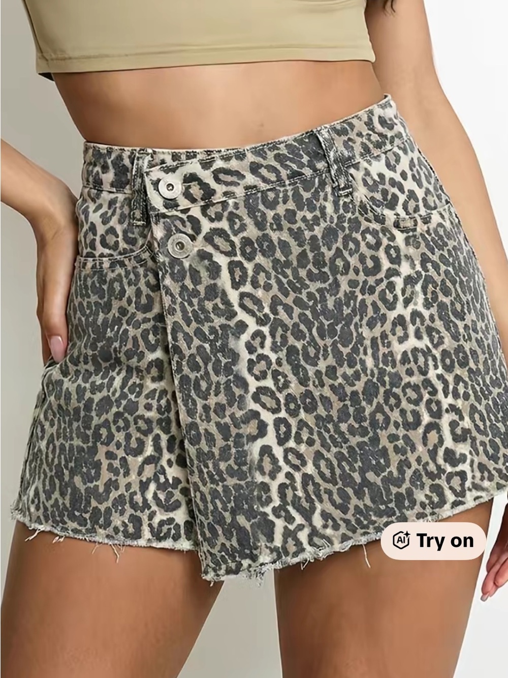High-Waist Leopard Denim Skort - Gray Animal Print
